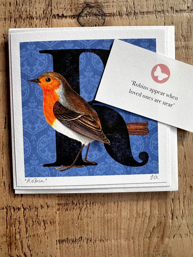 handmade card with a Robin on a blue background with a big letter R.