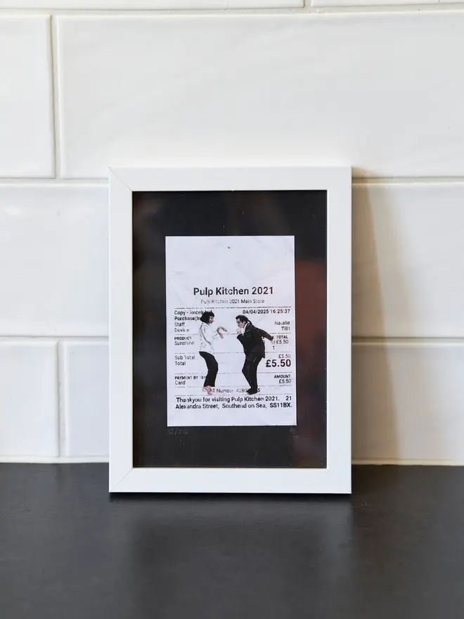 Pulp Kitchen Print in a white frame, against white tiled backdrop 
