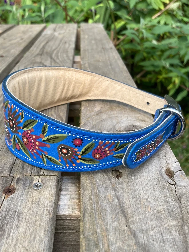 blue floral hand painted leather dog collar