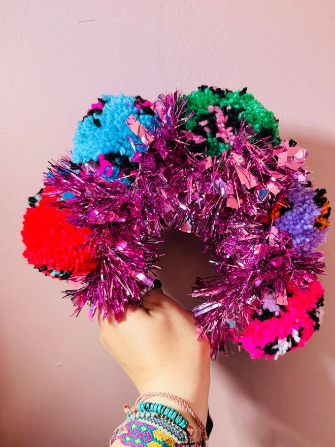 Leopard print Pom Pom festival headband festival Pom Pom tinsel headband bright headband rainbow headband pink tinsel 