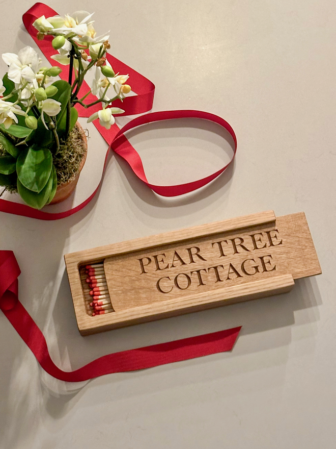 Matchbox with Pear Tree Cottage engraved