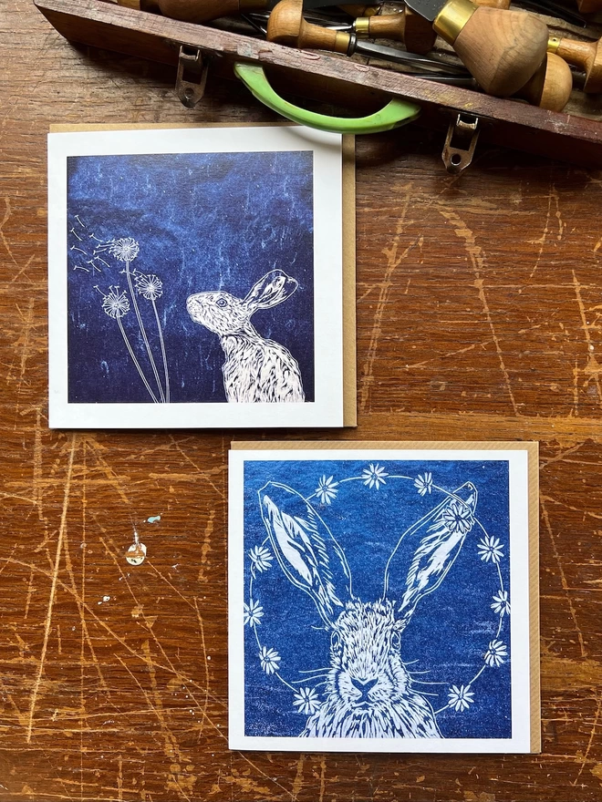 pair of hare and flower art cards