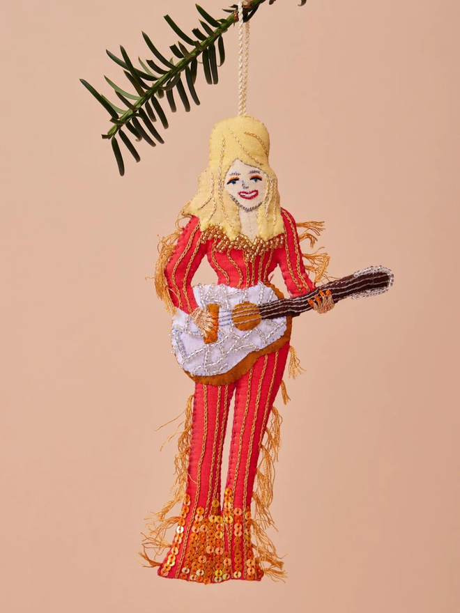 hand stitched Dolly Parton in red outfit with guitar hanging decoration