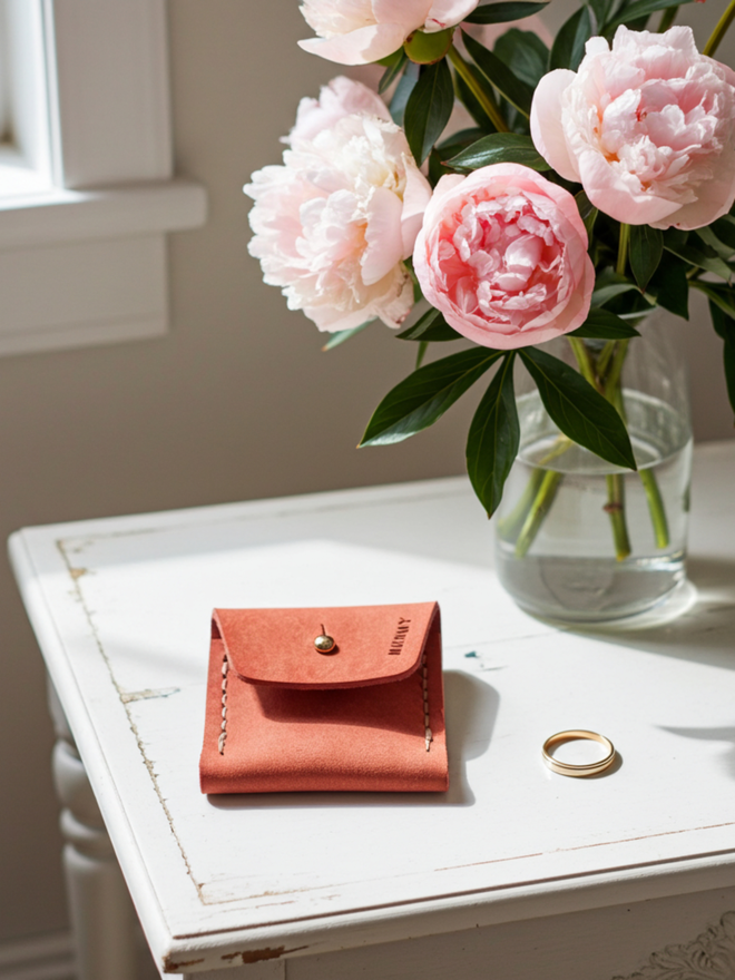 pink leather coin purse gift for mum on a white table with a vase of pink flowers