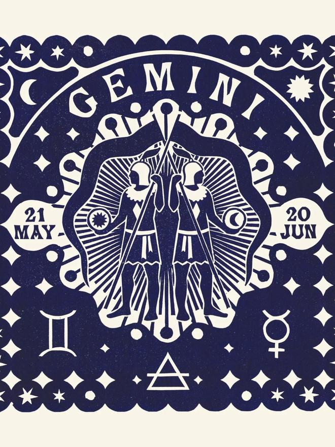 gemini zodiac linocut. twins and zodiac symbols linocut and printed on a blue background.
