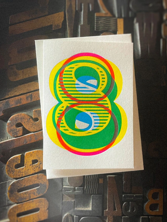 Handmade letterpress 7th birthday card featuring bold overlapping numerals printed in vibrant fluorescent cyan, magenta and yellow inks. Each card is individually hand printed using traditional letterpress techniques on luxury paper stock, creating a beautifully tactile finish with a deep impression and rich layered colours inspired by the CMYK printing process. Printed on a traditional letterpress from 1915. A wonderful artisan printed birthday card.