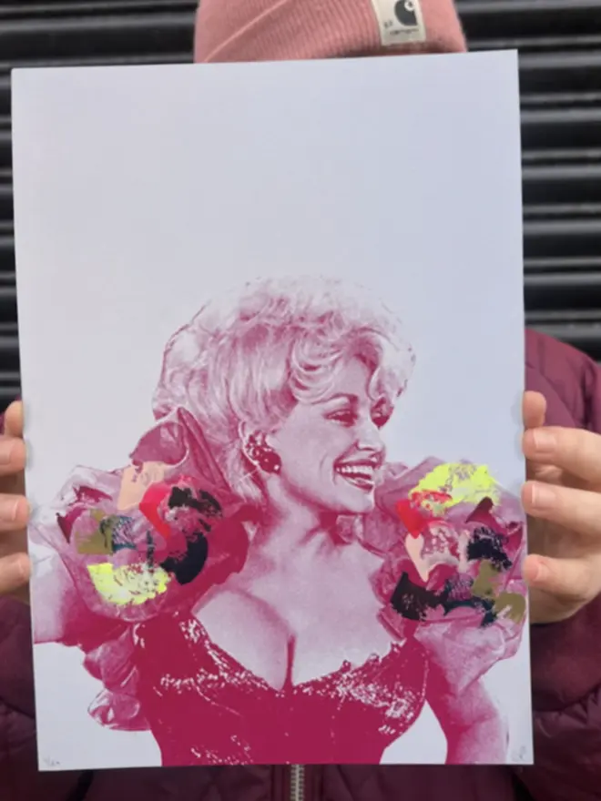Dolly Screenprint The feminist icon that is, Dolly Parton! Original print of Dolly with hand finished swooshes, a stunning feature piece of art for your walls, screen printed and hand finished so each one is a special piece of unique wall art. amy gardner artist, wall art, feminist art, woman artist, origingal art 
A4 version