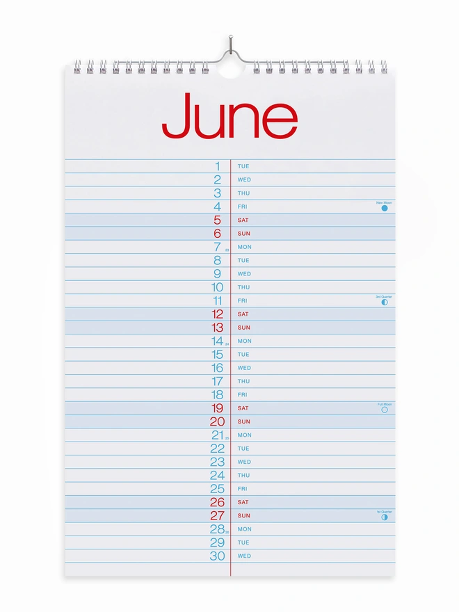 Wiro bound 2027 wall hanging calendar with blue and red graphics, in a simple graphic clear style, showing the month June