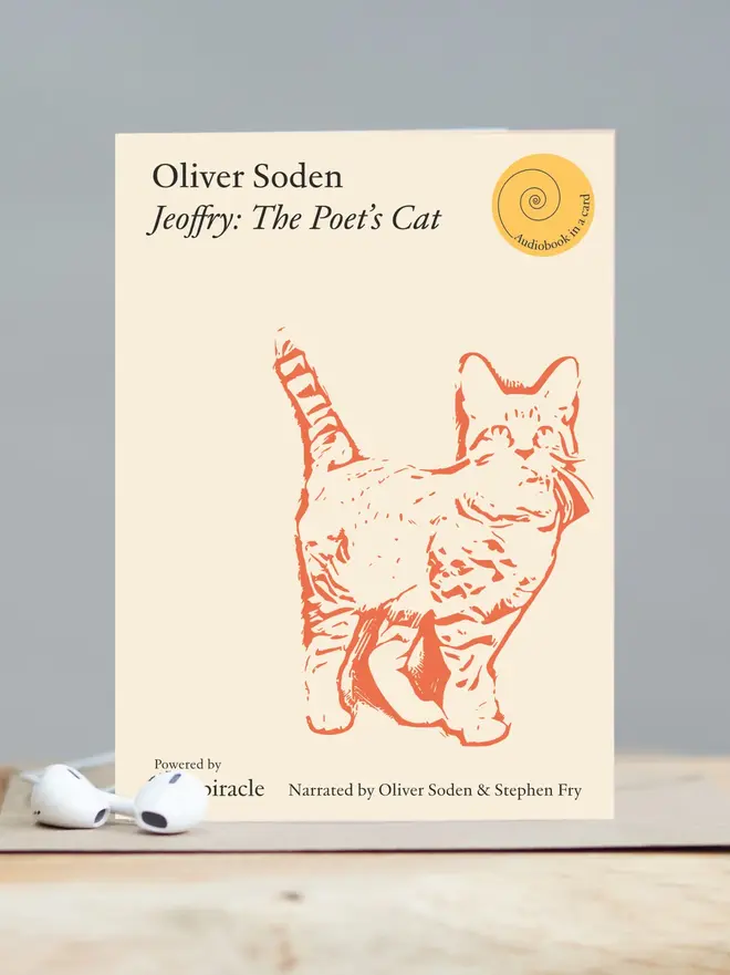 Jeoffry: The Poet's Cat By Oliver Soden Audiobook In A Card, against a grey background. 