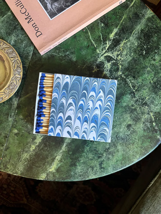 blue combed marbled square matchbox