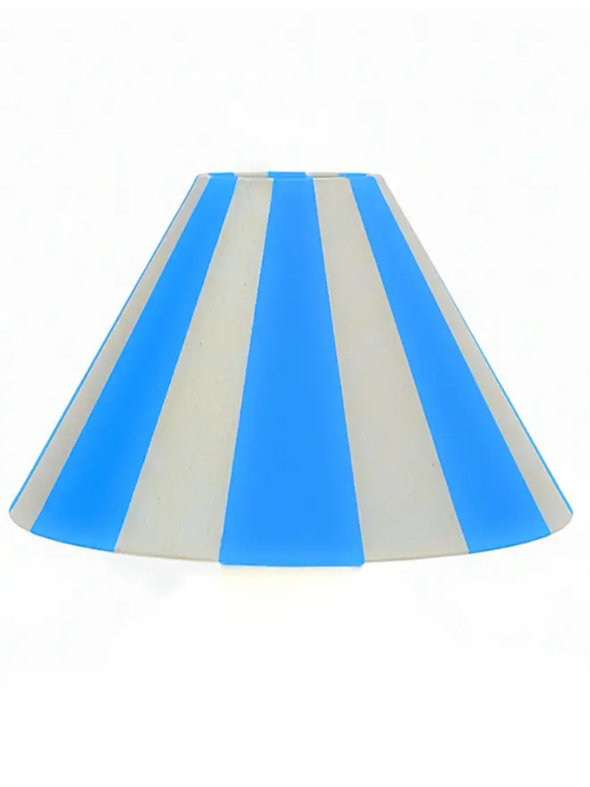 Hand Painted Upcycled Striped Large Drum Lampshade, a neon blue striped lampshade sitting against a white background. 