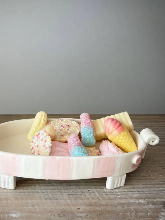 Porcelain Striped Treat Dish With Feet