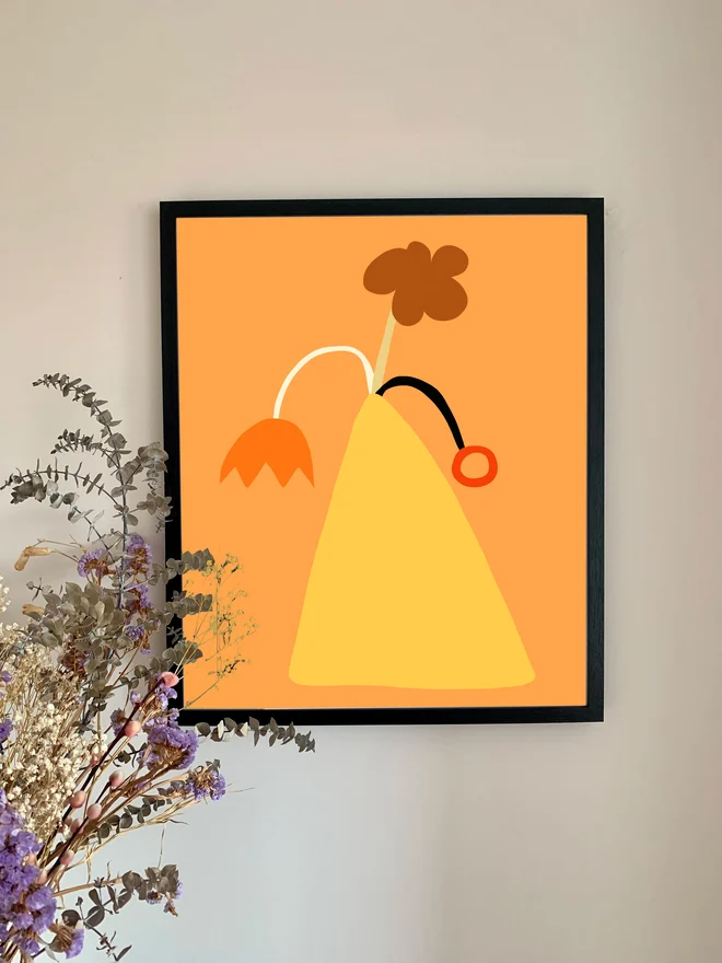 A vase of abstract flowers in a beaut orange pallette.