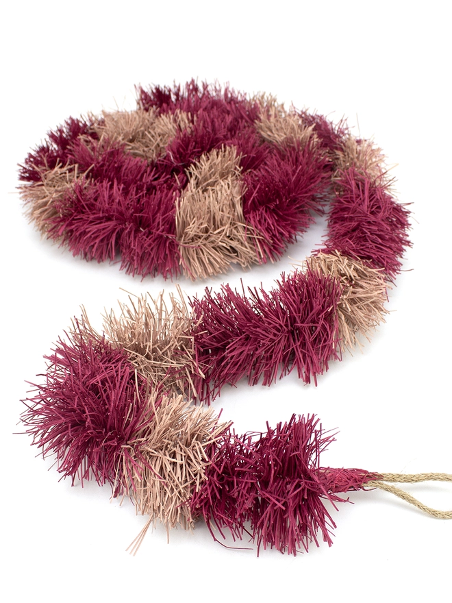 Handmade paper tinsel garland plum stripe