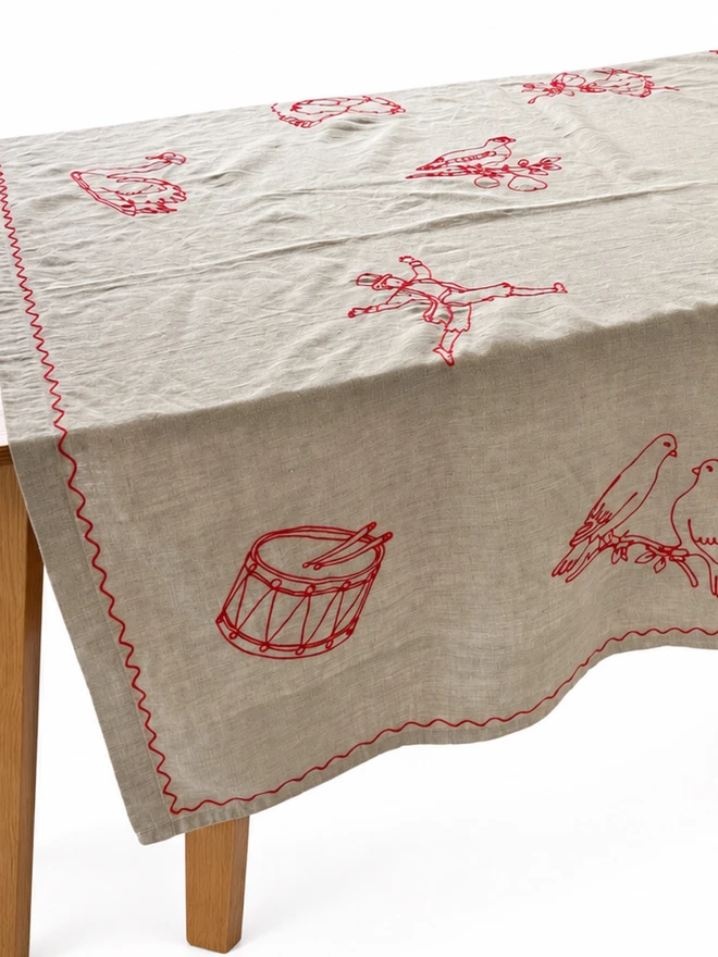 Embroidered Linen 'Twelve Days of Christmas' Tablecloth