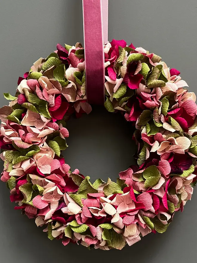 Green, Pink, Plum & Taupe Crepe Paper Christmas Wreath