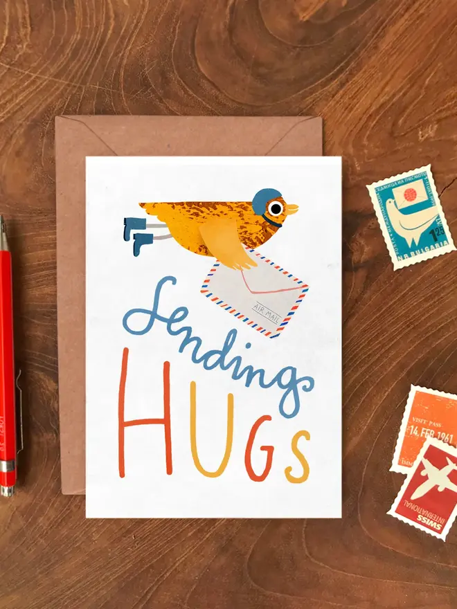 sending hugs illustrated bird card