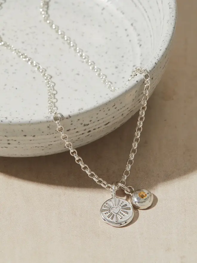 Silver Darling Heart Pebble Necklace with a birthstone charm