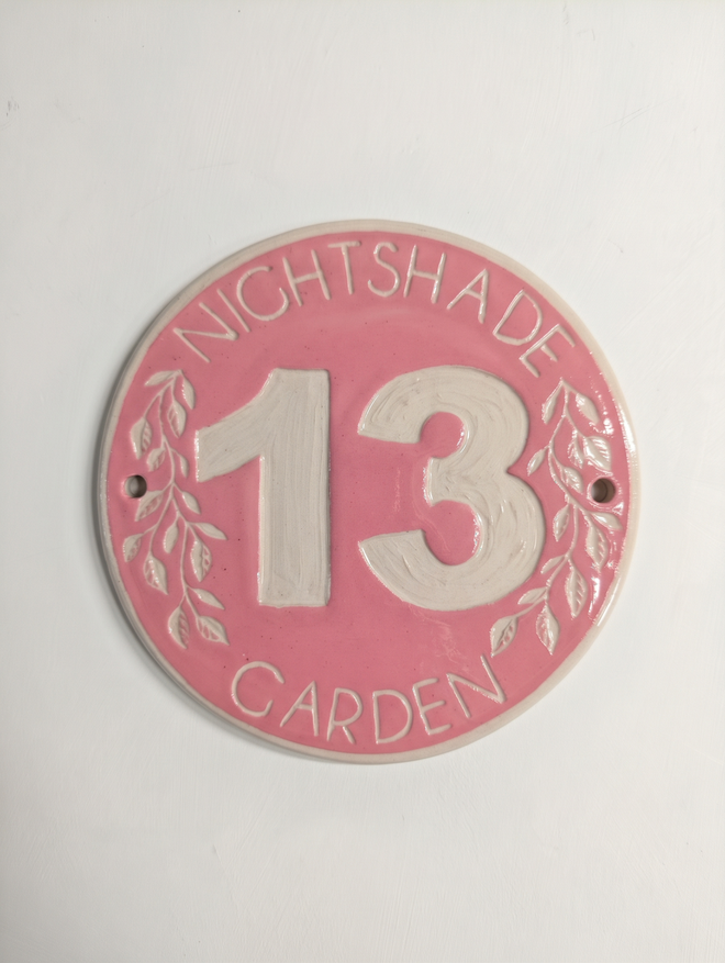 Pink Custom Made Ceramic Door Number with Text with Sgraffito Leaf Pattern