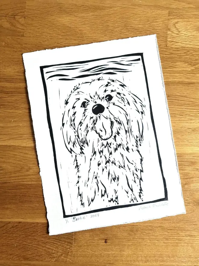 Personalised Pet Portrait Linoprint, , linocut print portrait of dog. 
