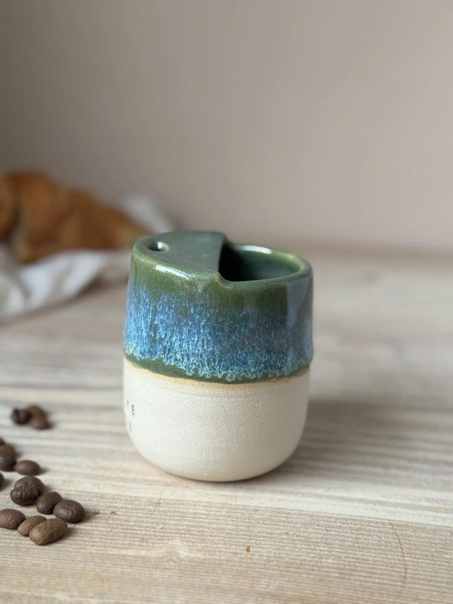 'Caffeine Please' Ceramic Travel Cup Green Granite Glaze