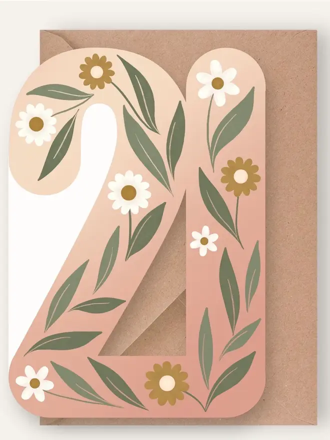 floral 21st birthday card. card shaped like number 21 with illustrated flowers and leaves.