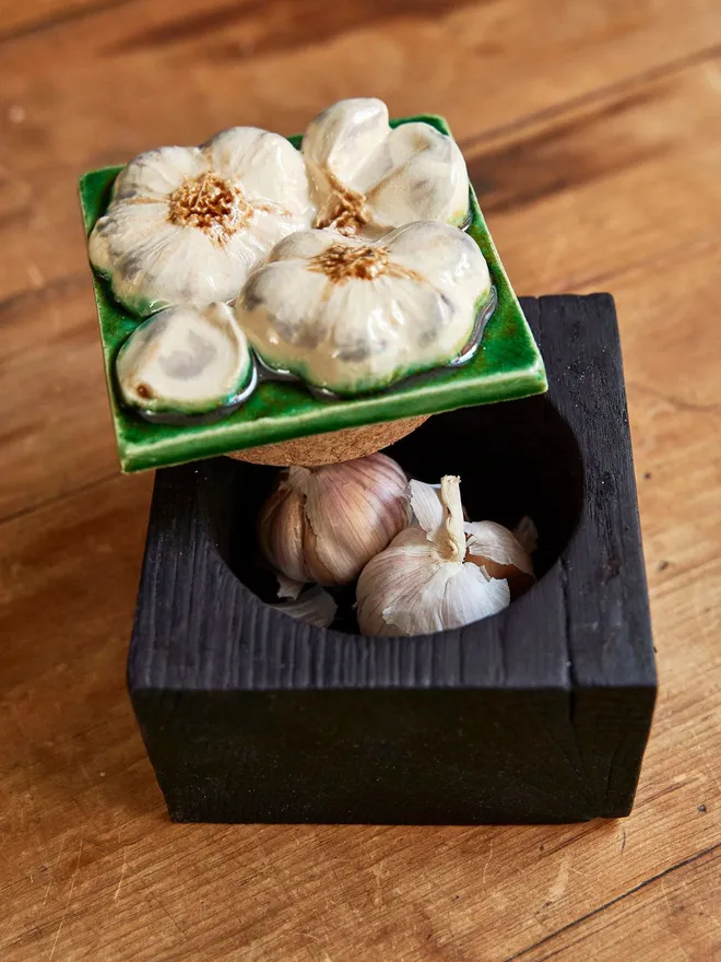 Wooden and ceramic garlic storage pot
