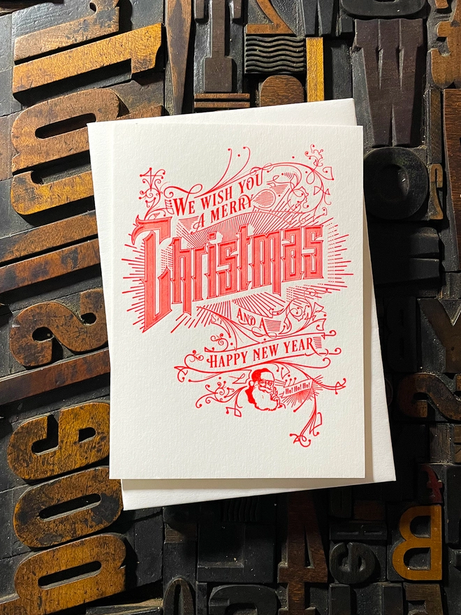 Spread festive cheer with this charming vintage Santa letterpress Christmas card! These cards are printed with my own fair hands on my 1915 Arab Crown Folio Press. Printed in red ink.