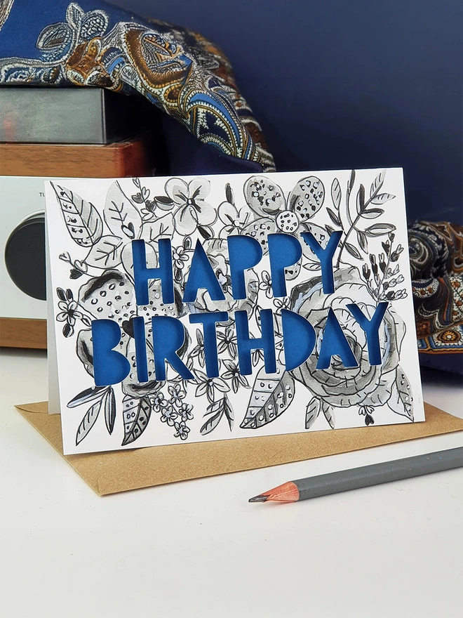 'Happy Birthday' Monochrome Floral Paper Cut Card
