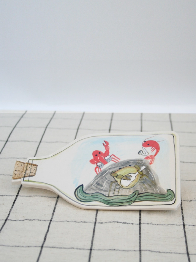 handmade ceramic wall art, seaside, ship in bottle, prawns, ceramic prawns, ceramic, crab band, wall hanging, fun ceramics