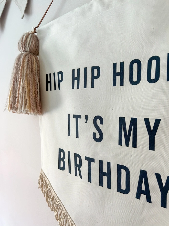 Neutral large printed handmade fabric birthday banner for parties and celebrations
