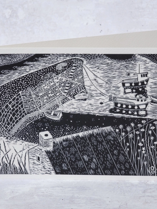 Greeting Card with an image of Porthgain Harbour in St Davids, taken from an original lino print
