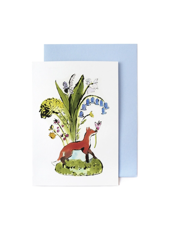 Greeting card with blue envelope featuring a pen and ink illustration of a red fox with wild flowers on Staffordshire antique ceramic.