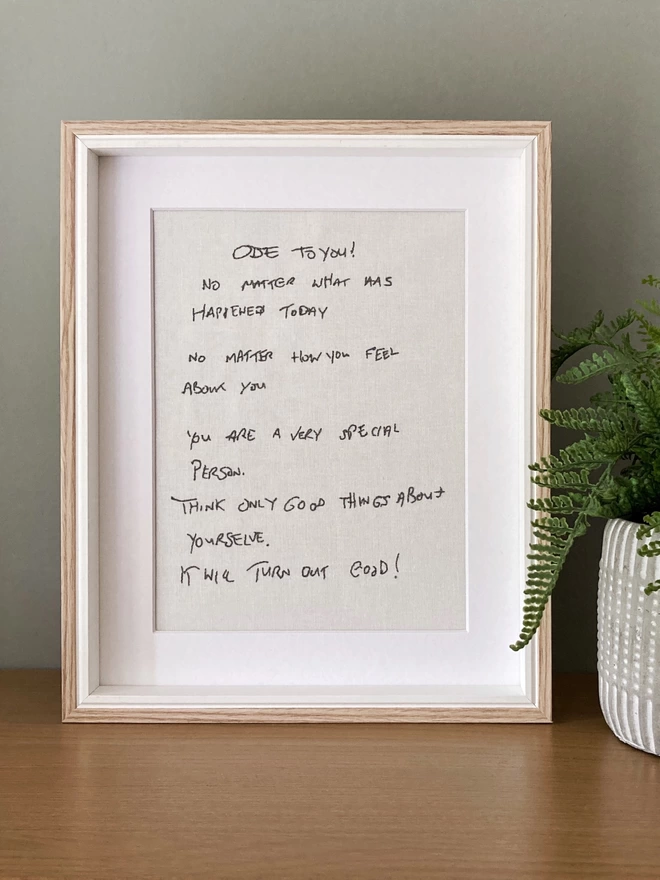 Personalised embroidred handwriting in a mount frame