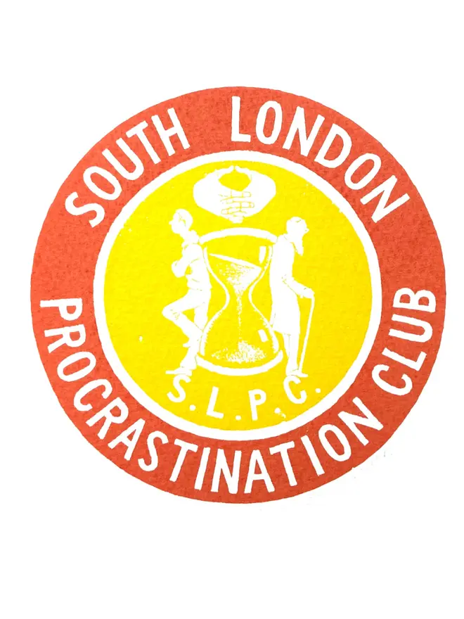 Red and Yellow 'South London Procrastination Club' Screen Print on a white back ground. 
