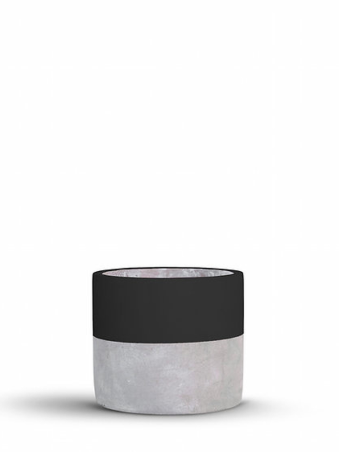 lucky dip concrete plant pot. a grey concrete plant pot with a black stripe around the top half.