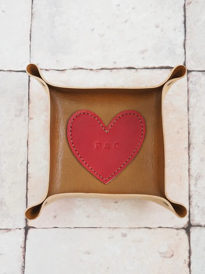 large square leather tray tan brown red love heart