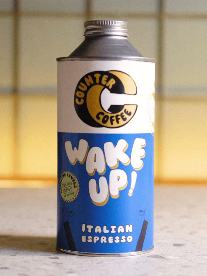 Wake Up! Espresso. A tin of Wake Up! espresso.