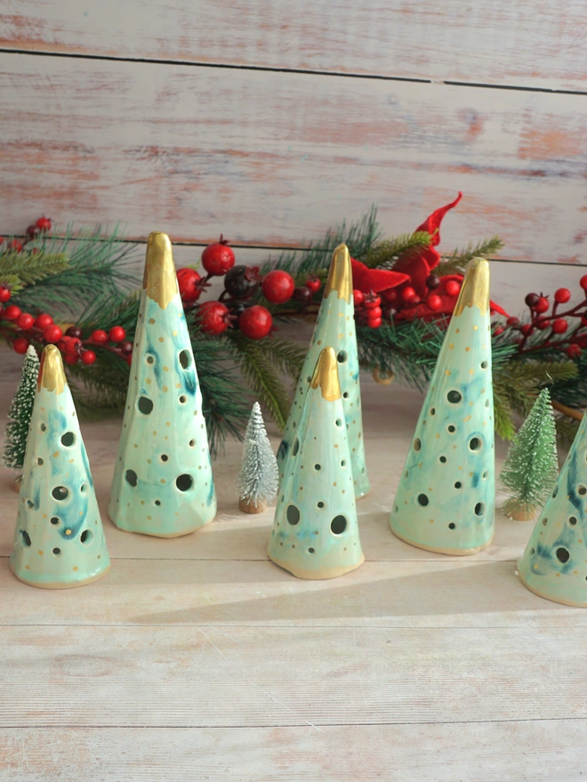 christmas tree lanterns, christmas tea light lanterns, christmas accessories, christmas lights, christmas trees lanterns, ceramic tree lanterns, ceramic christmas tree decorations, ceramic christmas trees, Jenny Hopps Pottery, green ceramic trees with gold 