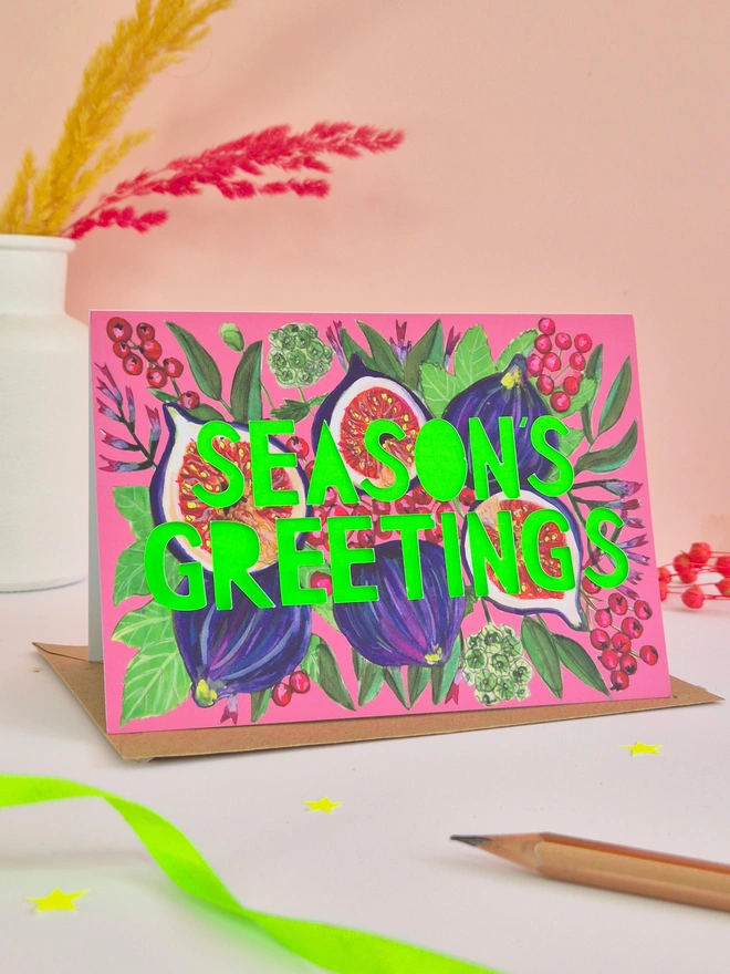 Fig llustration Christmas Card with Season's Greetings slogan and Neon green backing paper 