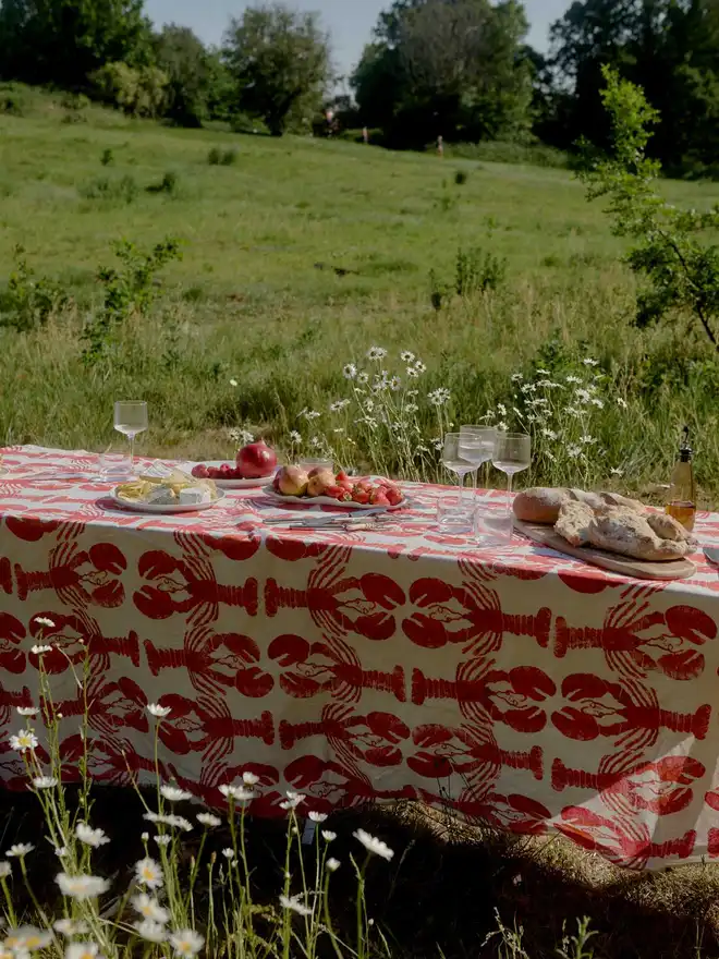 lobster tablecloth in a field 