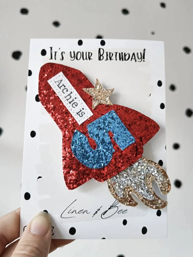 Personalised Rocket Glitter Birthday Badge