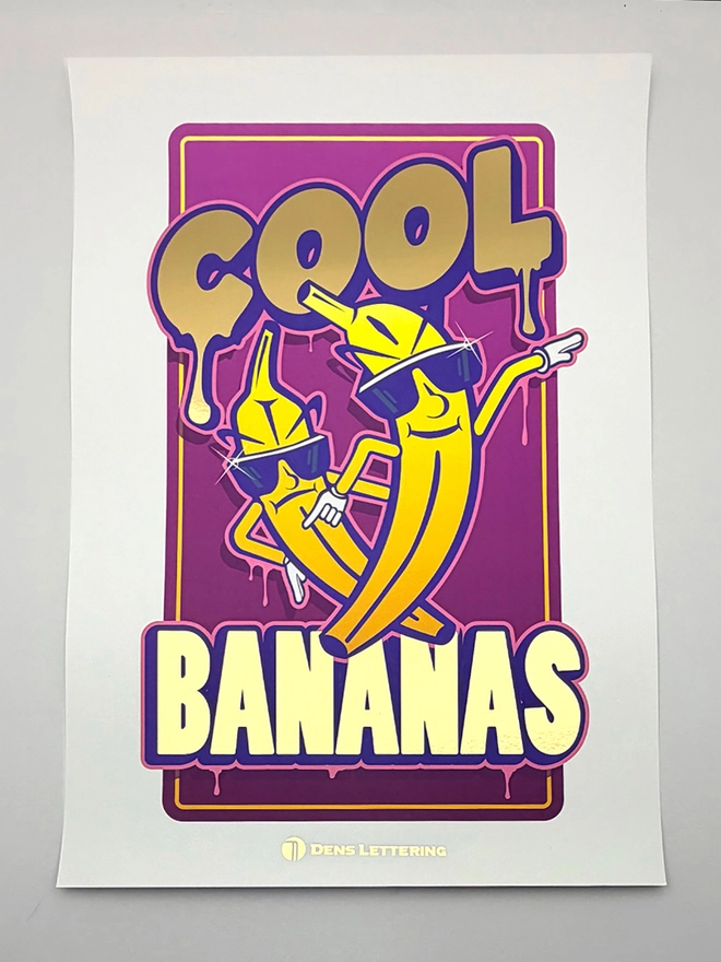 'Cool Bananas' Purple Gold Foil Print on white background