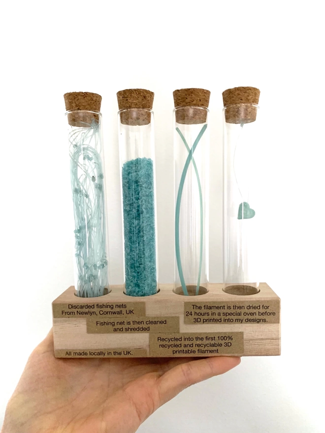 The story of how the fishing net is recycled from the Cornish coast, made into filament and then 3D printed 