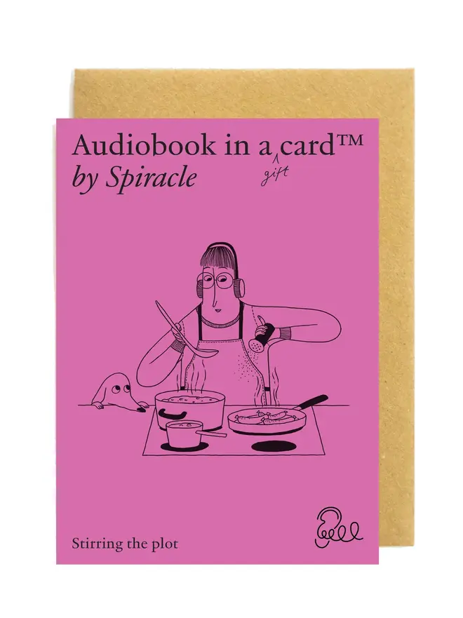 Stirring The Plot Choose Your Own Audiobook In A Card, against a white background. 