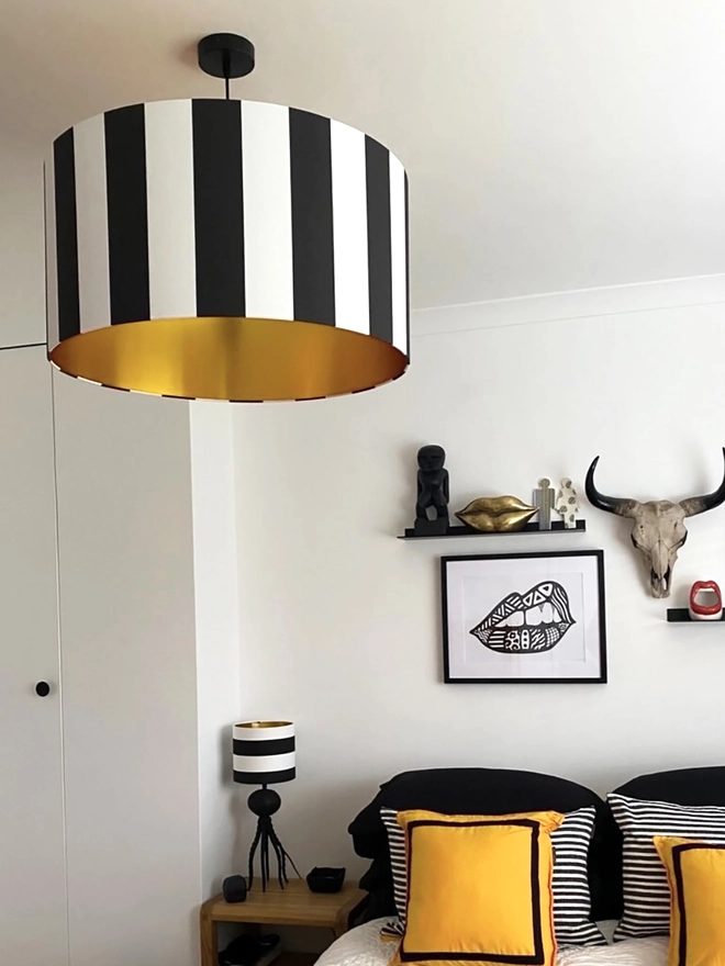Beetlejuice vertical striped ceiling lampshade with Gold foil lining