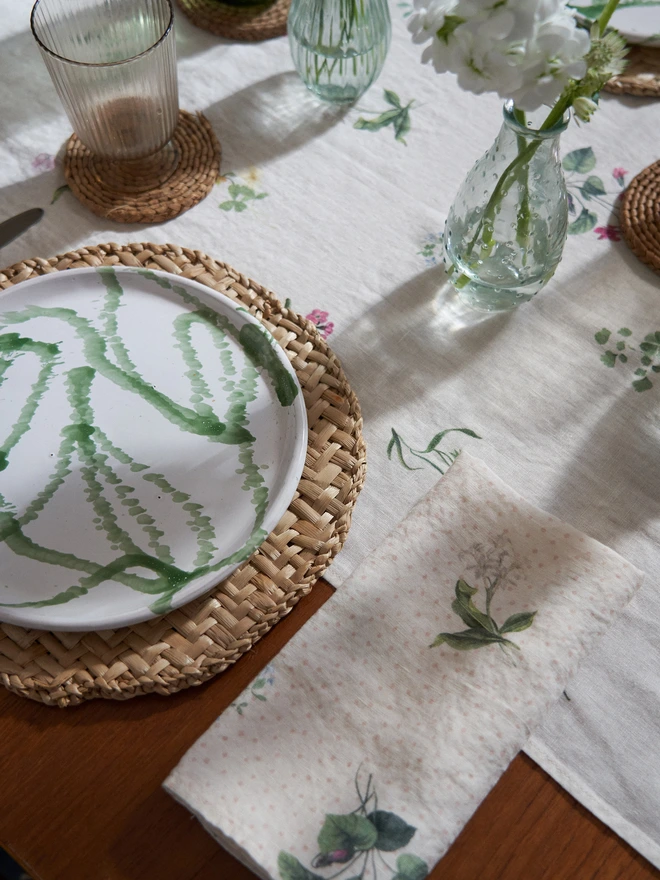 Table linen printed with spring florals