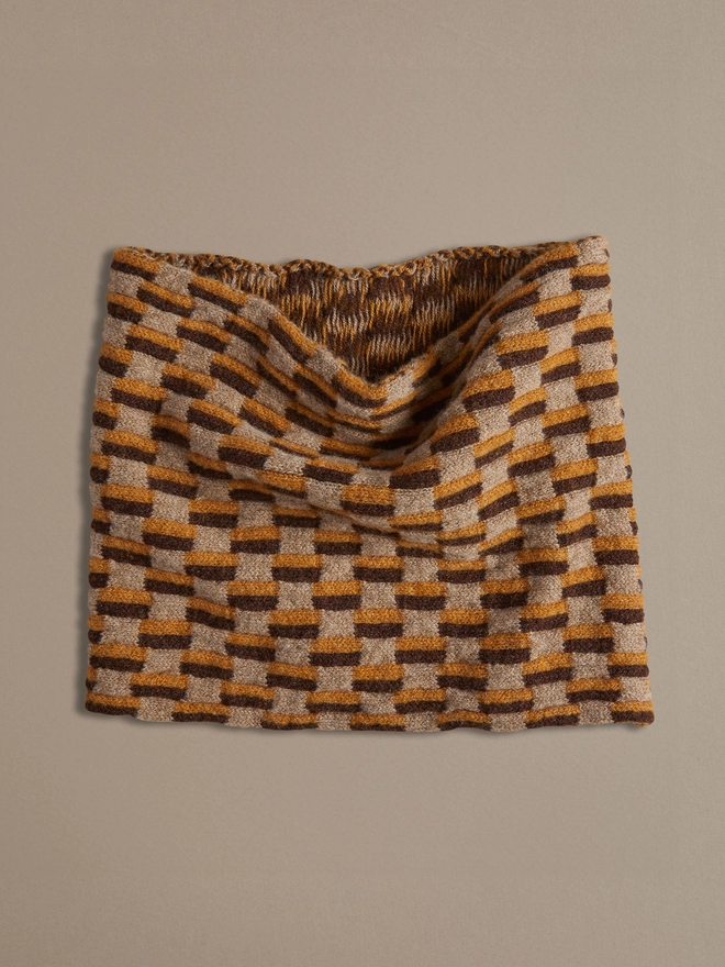 British Made Cowl Scarf in Orange and Brown Chequerboard Print