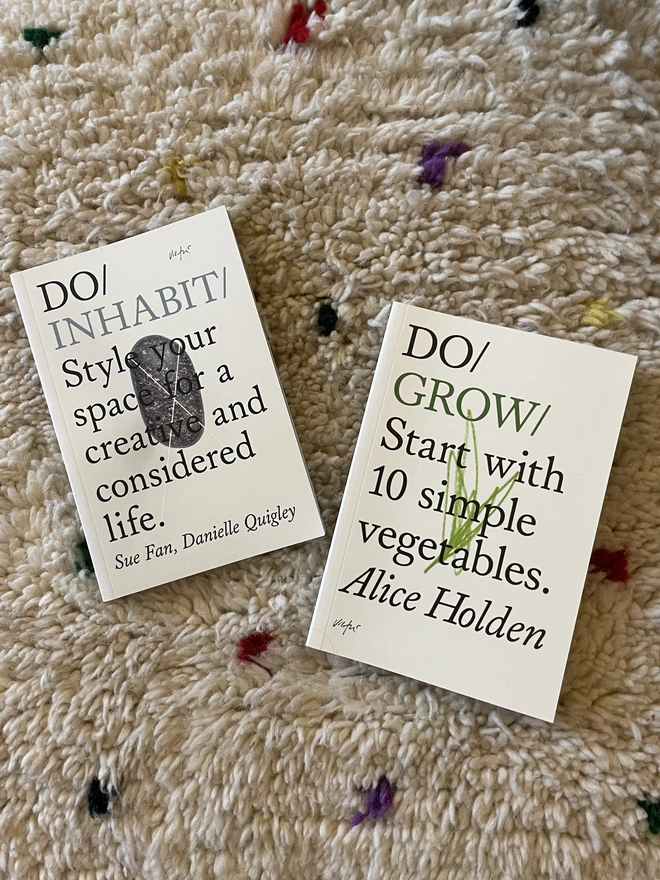 Two paperback books on shaggy rug