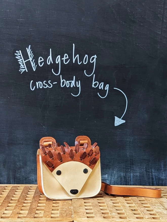  Handmade Hedgehog cross- body handbag in hand- dyed brown and light tan leather.